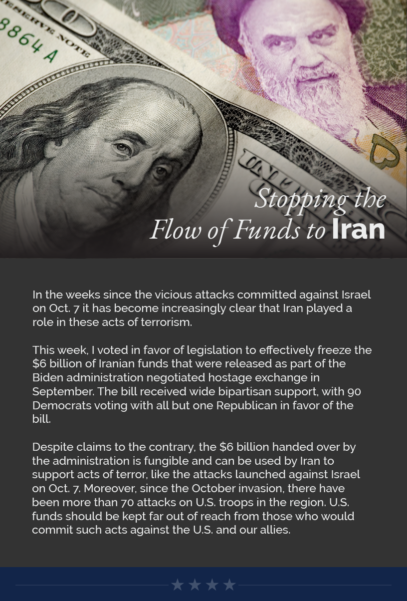 Headline: Stopping the Flow of Funds to Iran. In the weeks since the vicious attacks committed against Israel on Oct. 7 it has become increasingly clear that Iran played a role in these acts of terrorism.  This week, I voted in favor of legislation to effectively freeze the $6 billion of Iranian funds that were released as part of the Biden administration negotiated hostage exchange in September. The bill received wide bipartisan support, with 90 Democrats voting with all but one Republican in favor of the bill.  Despite claims to the contrary, the $6 billion handed over by the administration is fungible and can be used by Iran to support acts of terror, like the attacks launched against Israel on Oct. 7. Moreover, since the October invasion, there have been more than 70 attacks on U.S. troops in the region. U.S. funds should be kept far out of reach from those who would commit such acts against the U.S. and our allies.