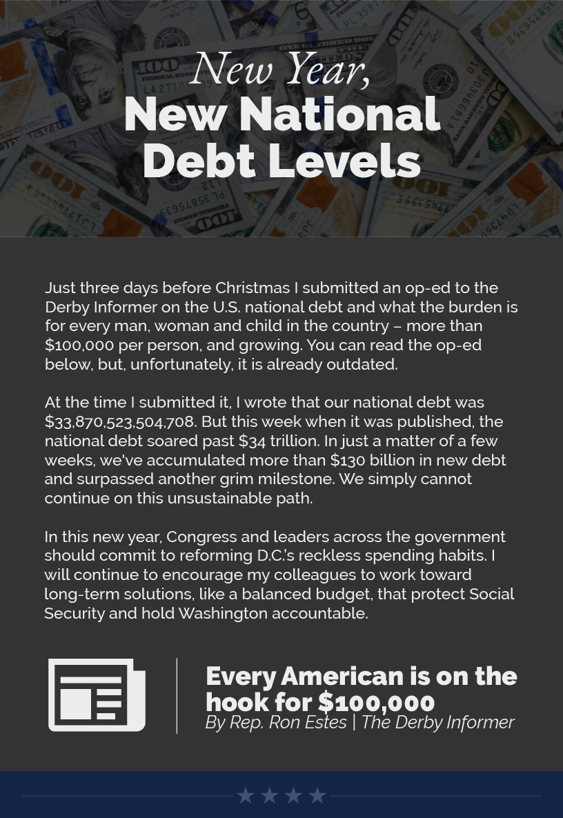 Headline: New Year, New National Debt Levels. Just three days before Christmas I submitted an op-ed to the Derby Informer on the U.S. national debt and what the burden is for every man, woman and child in the country – more than $100,000 per person, and growing. You can read the op-ed below, but, unfortunately, it is already outdated.   At the time I submitted it, I wrote that our national debt was $33,870,523,504,708. But this week when it was published, the national debt soared past $34 trillion. In just a matter of a few weeks, we've accumulated more than $130 billion in new debt and surpassed another grim milestone. We simply cannot continue on this unsustainable path.   In this new year, Congress and leaders across the government should commit to reforming D.C.’s reckless spending habits. I will continue to encourage my colleagues to work toward long-term solutions, like a balanced budget, that protect Social Security and hold Washington accountable.   LINK: https://www.derbyinformer.com/news/opinion/every-american-is-on-the-hook-for-100-000/article_67b6ff36-a4da-11ee-8d23-7bb2c5c93511.html