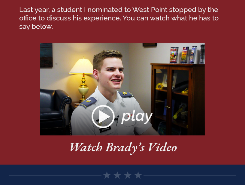 Last year, a student I nominated to West Point stopped by the office to discuss his experience. You can watch what he has to say below.   LINK: https://estes.house.gov/service LINK: https://www.youtube.com/watch?v=sVy-G0v5HlI