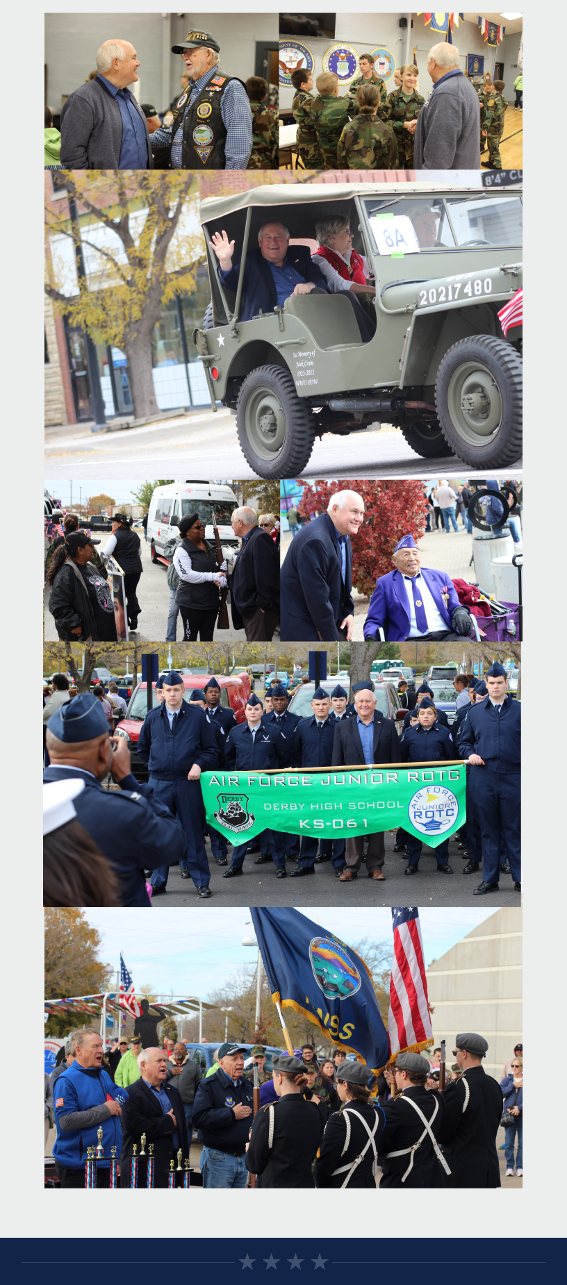 Throughout this weekend, Kansans honored our brave men and women who protect the red, white and blue. I was humbled to join my American Legion post for a pancake breakfast, ride in Wichita’s Veterans Day parade and talk with Kansans following the parade at Exploration Place.  In just the last month, we’ve been reminded of the dangers in this world – there is much turmoil and chaos around the globe, but after seeing the many Kansans celebrating our heroes yesterday, I have a renewed sense of hope knowing that this nation has a long history of producing the bravest, toughest and most valiant men and women who love freedom and this country and will protect this great nation.  To our veterans, I say thank you.  Sincerely, Ron Estes