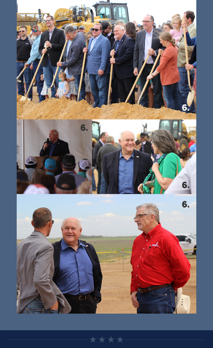 5. Another water and conservation project is the Quivira National Wildlife Refuge. However, the U.S. Fish and Wildlife Service continues to create challenges for the hardworking Kansans living and working in the region to have certainty and fairness in their water rights and usage. I had a great conversation with Justin Vosburgh, a longtime Kansas farmer, just outside of Macksville in Stafford County. The Vosburgh family is now on the 6th generation farming in the area. This has been an issue I’ve spoken directly to the U.S. Fish and Wildlife Service about, and I’ll continue working with Kansas stakeholders to resolve the issues they face.  6. Edwards County will soon be home to a new dairy with nearly 25,000 cows. Even in high winds, it was great to gather last week with community members to celebrate Blue Sky Farms’ groundbreaking on its new Twin Circle Dairy that will produce delicious dairy products for our region.