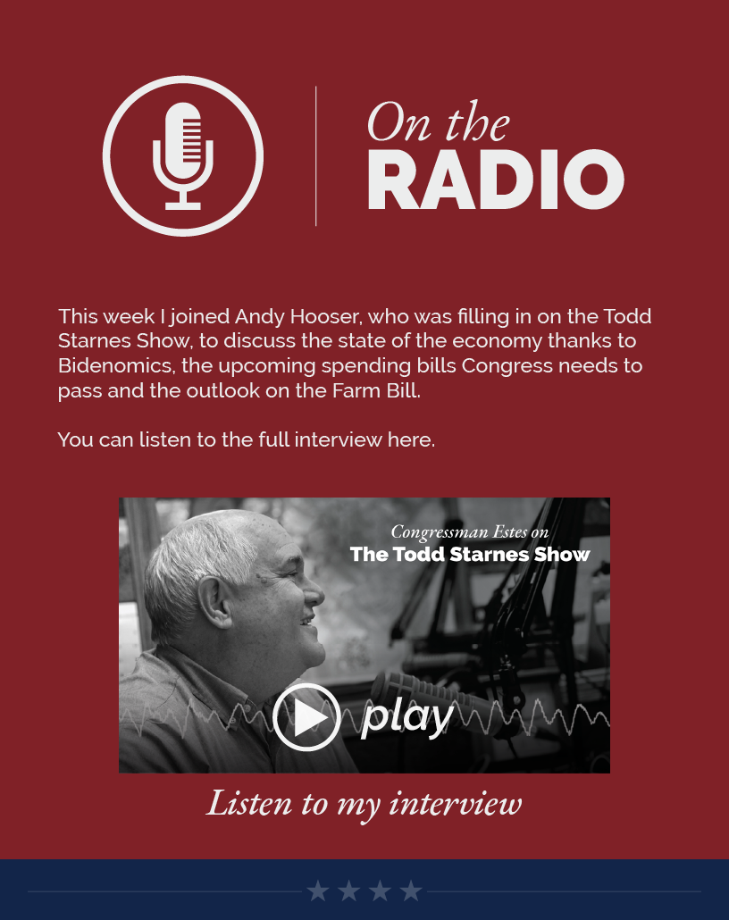 Headline: Todd Starnes Show Interview with Andy Hooser. This week I joined Andy Hooser, who was filling in on the Todd Starnes Show, to discuss the state of the economy thanks to Bidenomics, the upcoming spending bills Congress needs to pass and the outlook on the Farm Bill.  You can listen to the full interview here.  LINK: https://youtu.be/KsZpvlQRB6o