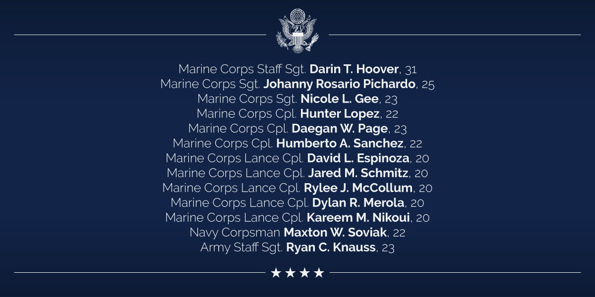 Headline: Remembering the 13 Heroes of Aug. 26, 2021  Marine Corps Staff Sgt. Darin T. Hoover, 31; Marine Corps Sgt. Joh