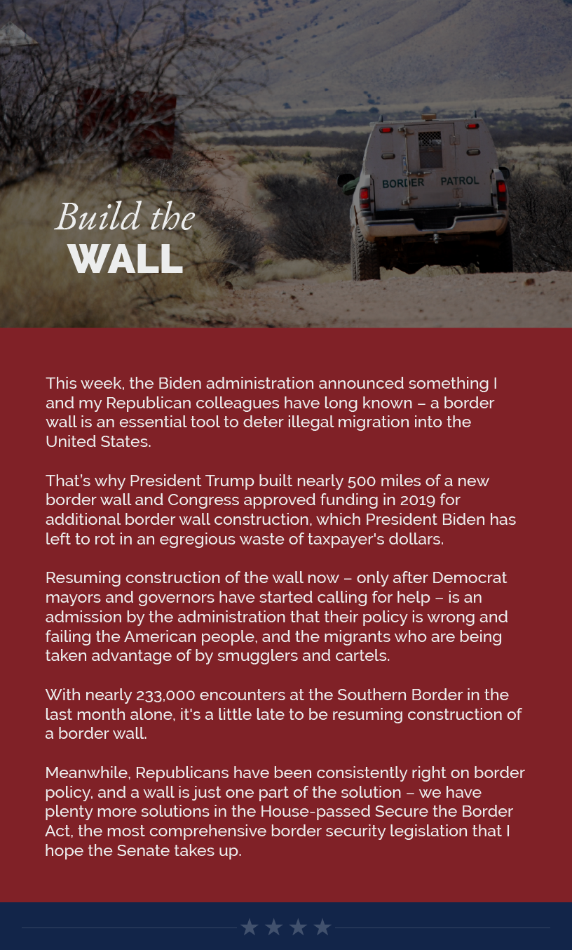 Headline: Build the Wall.  This week, the Biden administration announced something I and my Republican colleagues have long known – a border wall is an essential tool to deter illegal migration into the United States.   That’s why President Trump built nearly 500 miles of a new border wall and Congress approved funding in 2019 for additional border wall construction, which President Biden has left to rot in an egregious waste of taxpayer's dollars.   Resuming construction of the wall now – only after Democrat mayors and governors have started calling for help – is an admission by the administration that their policy is wrong and failing the American people, and the migrants who are being taken advantage of by smugglers and cartels.  With nearly 233,000 encounters at the Southern Border in the last month alone, it's a little late to be resuming construction of a border wall.  Meanwhile, Republicans have been consistently right on border policy, and a wall is just one part of the solution – we have plenty more solutions in the House-passed Secure the Border Act, the most comprehensive border security legislation that I hope the Senate takes up.